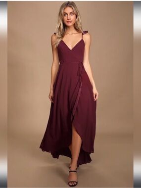 Lulu's Here’s to Us Burgundy High-Low Wrap Maxi Dress